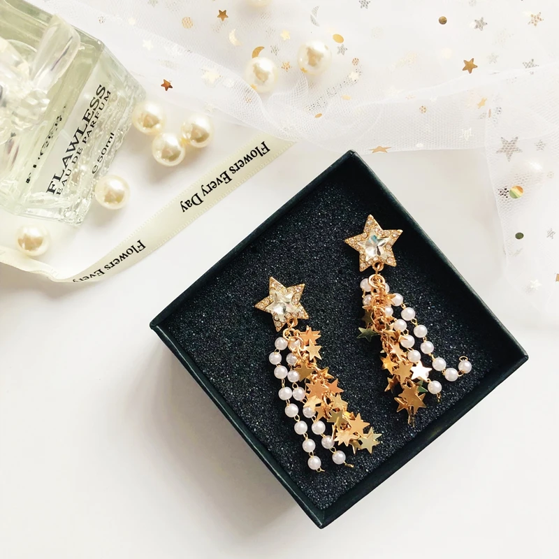 S925 Silver Needle Fashion Rhinestone Stars Tassel Earrings for Women Girls Sweet Long Pearl Sequins Five-pointed Star | Украшения и