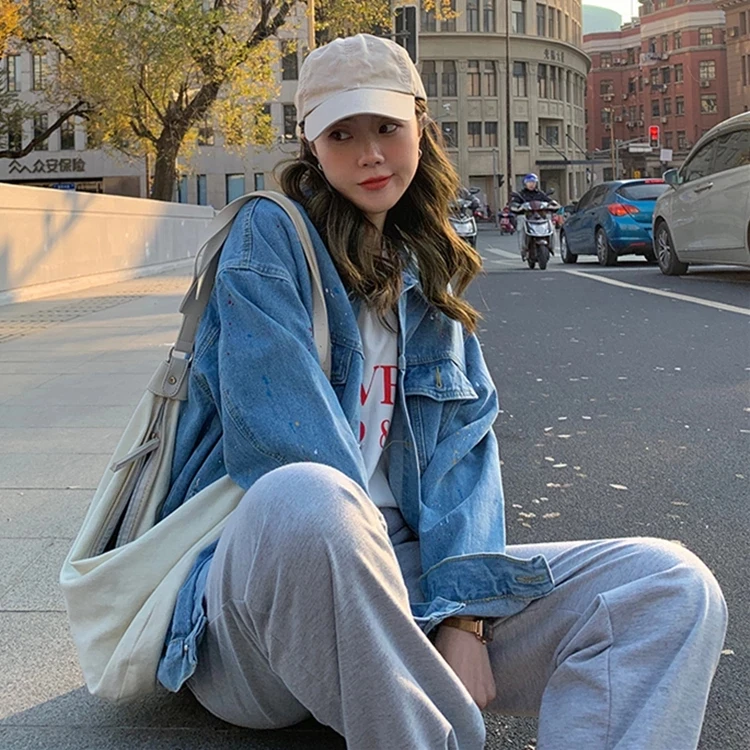 

2021 Spring Autumn Women's Denim Jeans Jackets Splash Ink Wild Streetwear Oversize Fashionable Lady Tops F8067