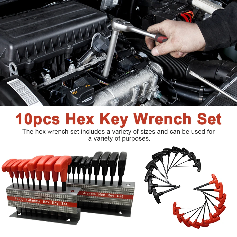 

10pc/set Hex Wrench Flat Head Manual Hand Tool T Handle Portable Easy Grip Multi Purposes Metric Home Accessories With Rack
