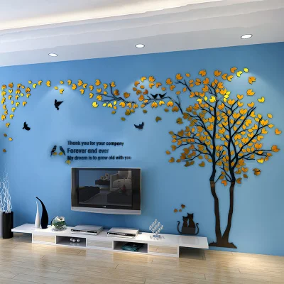 Золотые листья птицы Милая кошка кристалл трехмерное дерево акриловые наклейки