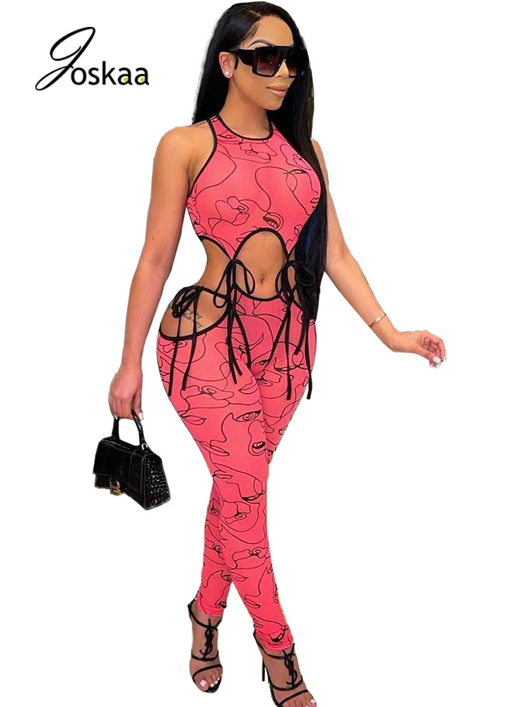 

Joskaa Printed Jumpsuit For Women Sleeveless Line Up Sexy Rompers High Waist Overalls Spring Summer Outwear Streetwear