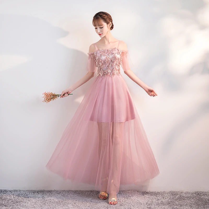 Розовое элегантное платье подружки невесты свадебное расшитое блестками тюль