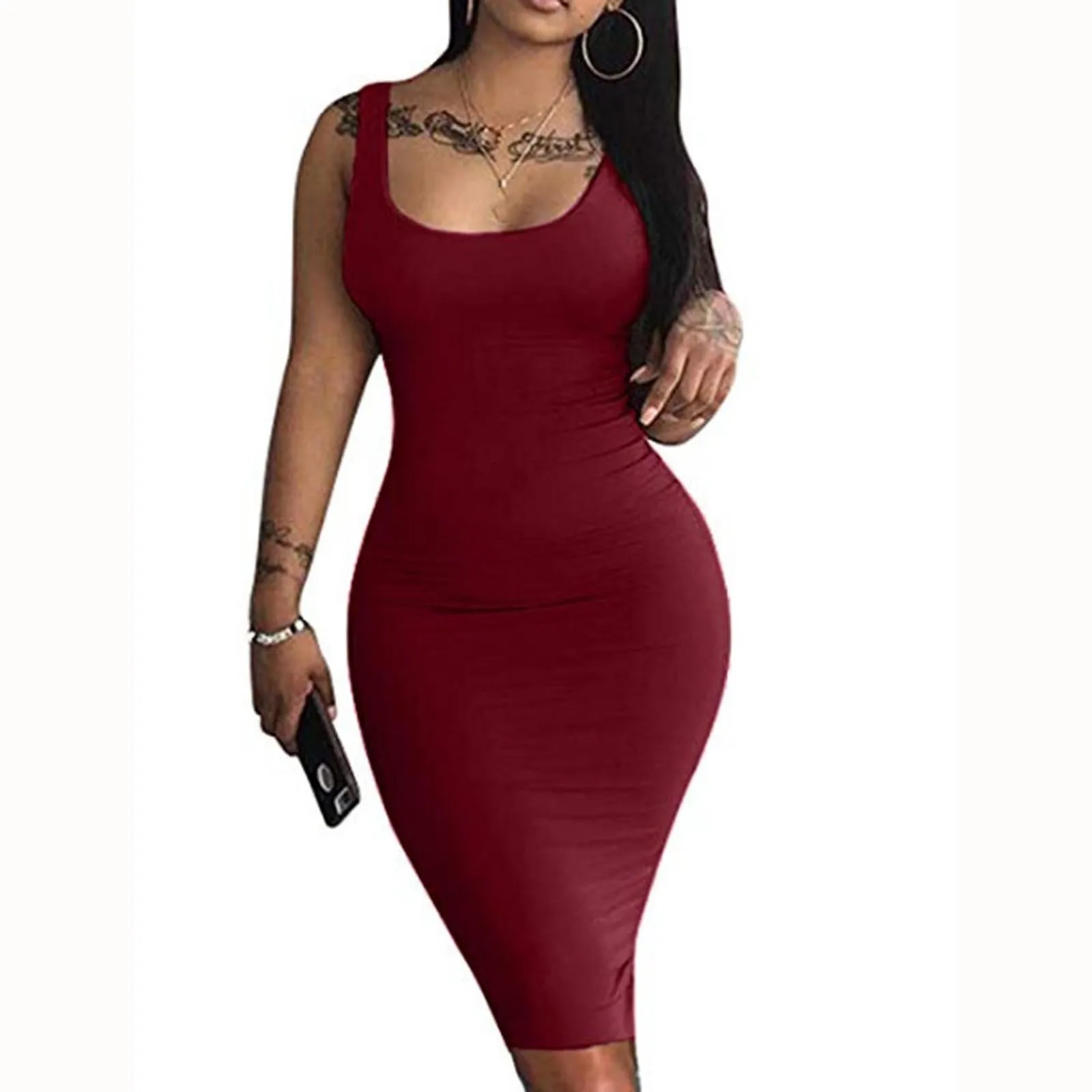 

Simple Dress Fashion Women Solid Sexy Tank Dress Sleeveless Basic Midi Club Dress Robe Femme 2021 Nouveau