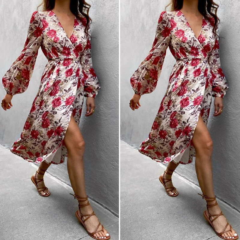 

2021 Elegant Lantern Long Sleeve Slit Party Dress Women Sexy Deep V-neck Floral Print Dress Retro Summer Beach Dresses Vestidos
