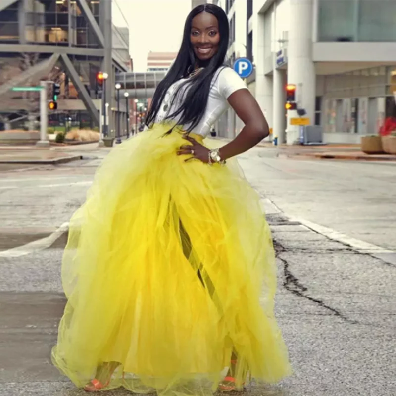 

Trendy Yellow Puffy Tiered A Line Tulle Skirts Women Sexy High Slit Floor Length Tutu Party Skirt Custom Made Any Color Free