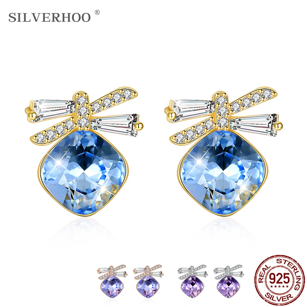 

SILVERHOO 925 Sterling Cute Bowknot Earrings For Women Multicolor Square Austria Crystal Romantic Anniversary Gift New Listing