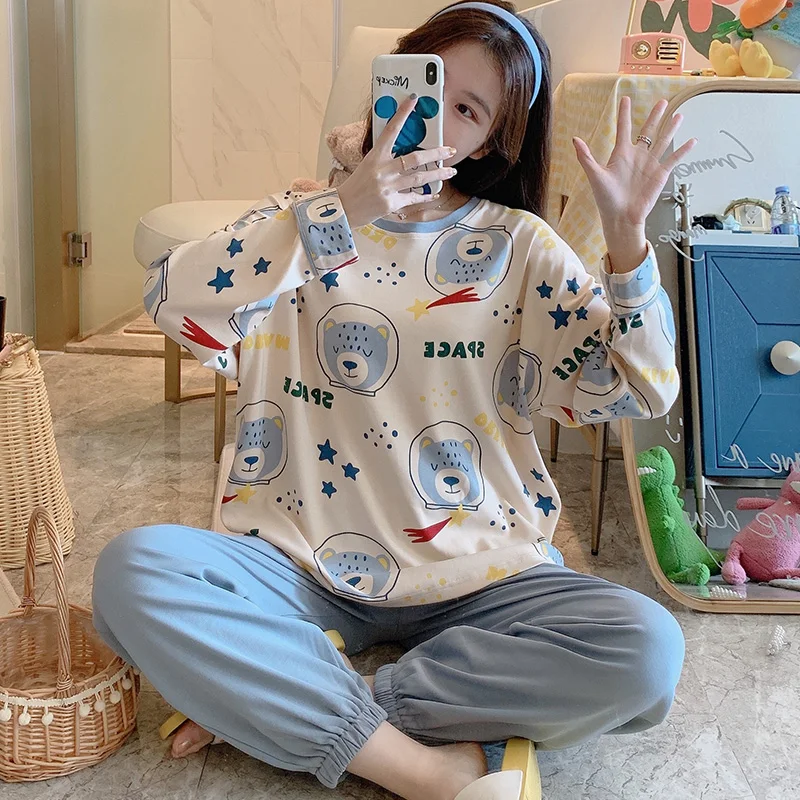 

XINGX Bear Cotton Pajamas Women's Spring Korean-Style Long-Sleeved Homewear Suit Summer and Autumn Winter Student
