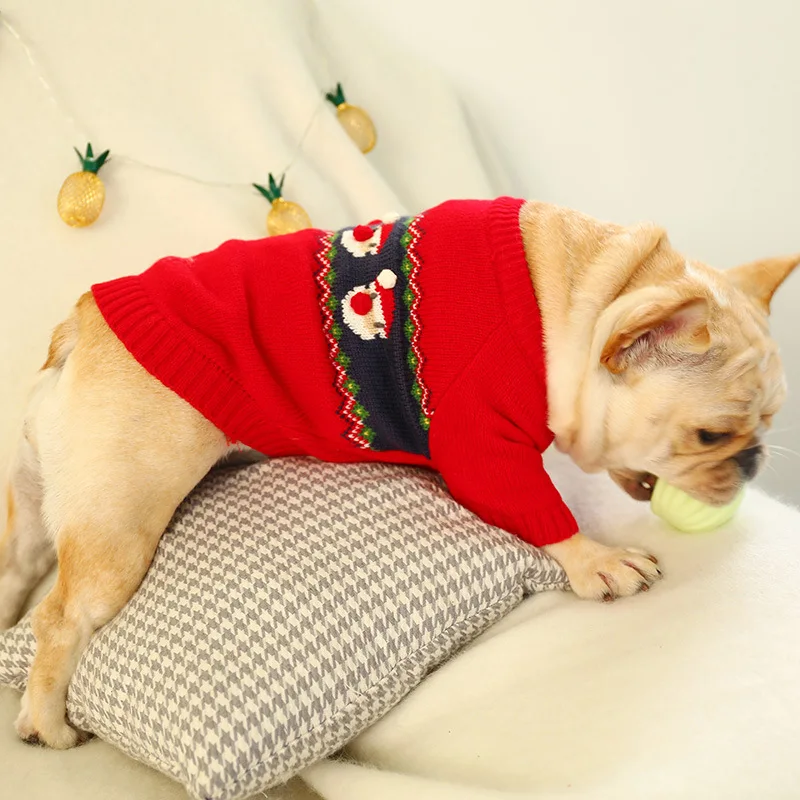 

Одежда для собак и кошек, теплый свитер для осени и зимы, Новогодняя одежда, красный свитер с Санта-Клаусом, праздничная красная одежда для полных собак