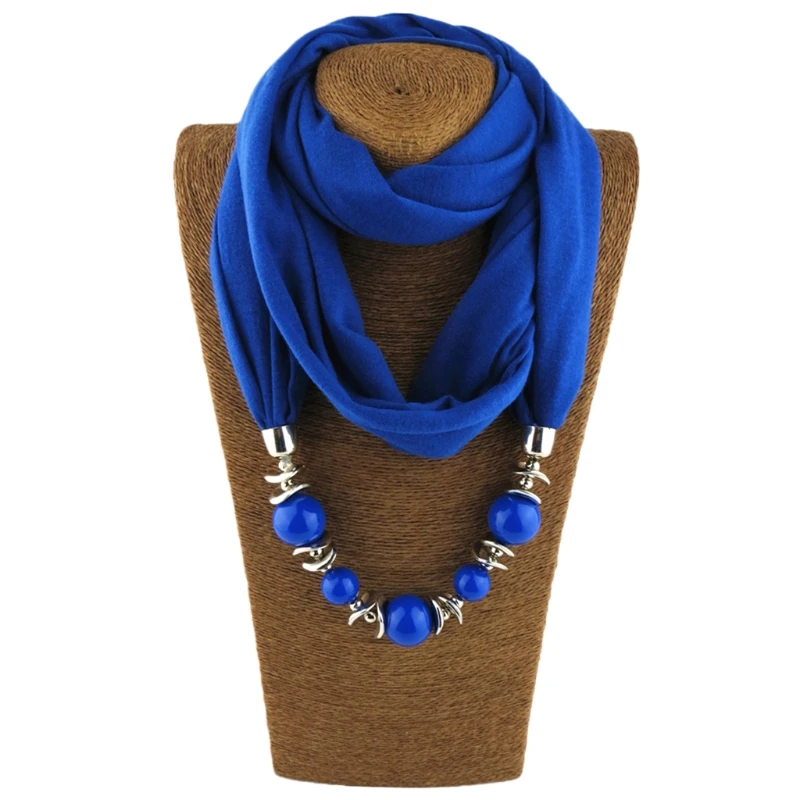 

Womens Fashion Neckerchief Ring Scarf Necklaces Beads Solid Color Jewelry Shawl