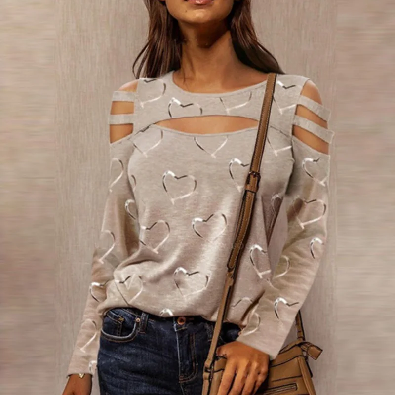 

Casual Heart Print Women Blouses Shirts Elegant Spring Round neck Loose Pullover Tops Fashion Hollow Out Long Sleeves blouses