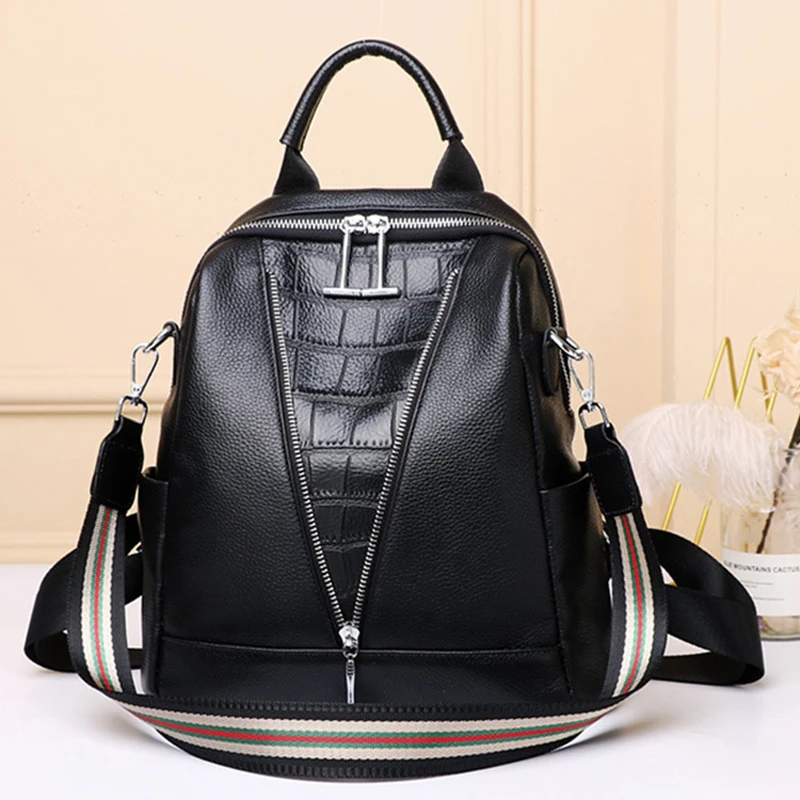 

Black Cowhide Women backpack Fashion High capacity Women's backpack bags 2021 School bag Women Leather Backpacks