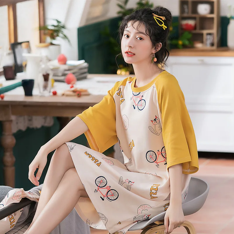 

Cotton Nightdress Female Summer Short Sleeve Cute Cartoon Loose Cotton Thin Sweet Maternity Pajamas Maternity Clothes