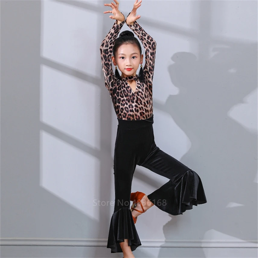 

Cha Cha Rumba Samba Jive Children Latin Dance Dress Ballroom Kids Leopard Print Dresses for Girl Top Pants Tango Dance Costume