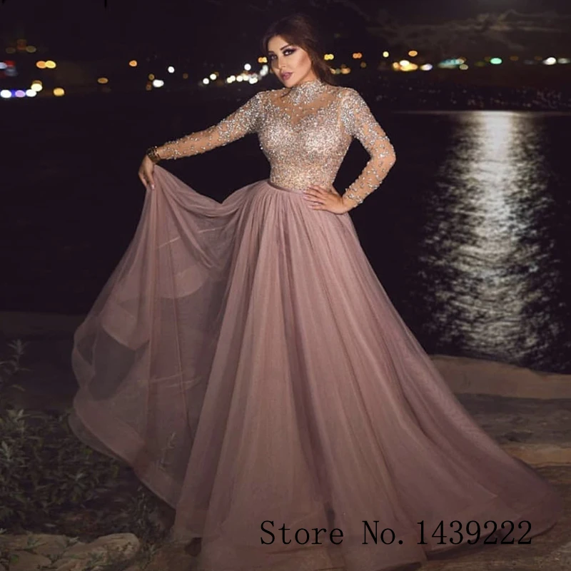 

Bling Beads Evening Dress Celebrity Long Sleeves Formal Dresses Robe De Soiree Mother Evening Party Gown Pleat