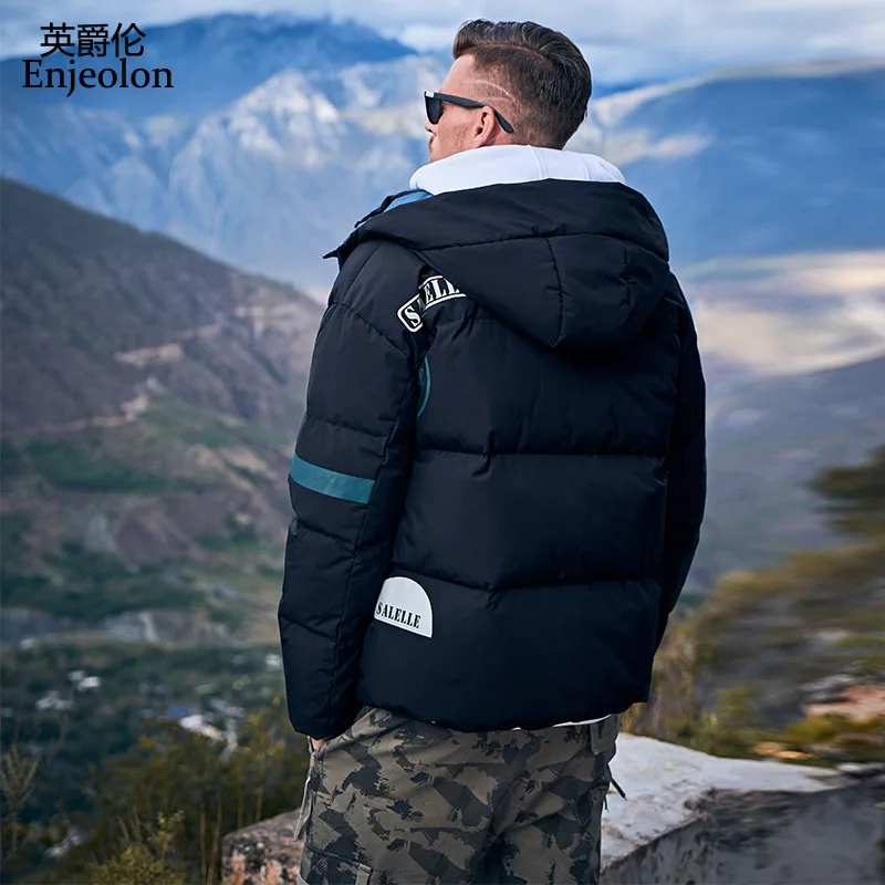 Мужской пуховик с капюшоном Enjeolon теплая куртка контрастных цветов на белом