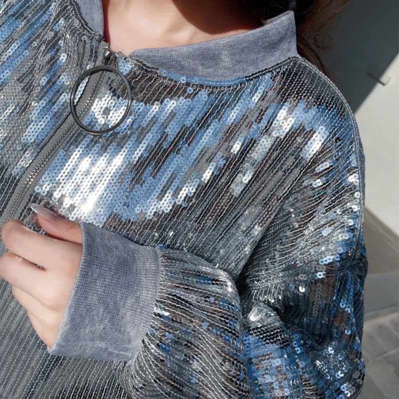 Женская Весенняя уличная одежда Chaquetas серебристая куртка с блестками женский