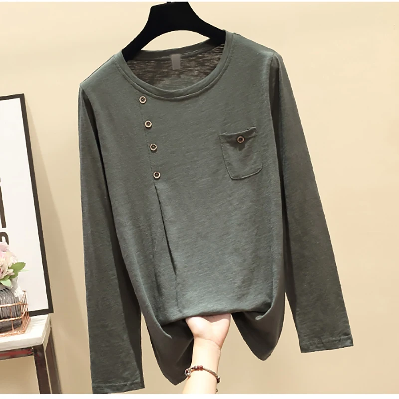 Womens Spring New Long Sleeve T Shirt Loose Bamboo Fiber Cotton O Neck Casual Tee T-Shirt Female Button Solid Basic Tops Female