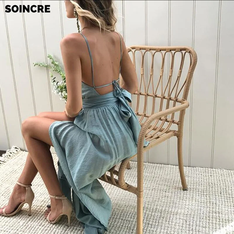

SOINCRE 2021 Spring Summer New Hot Sale Women's Dress Irregular Hollow Open Back Halter Neck Lace Split Sexy Elegant Party Dress