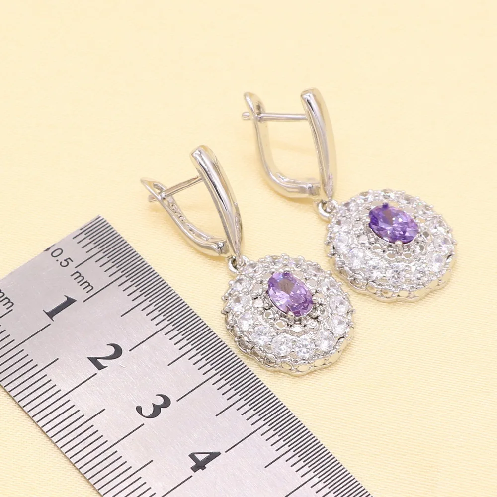Фиолетовый фианит белый кристалл Серебряный цветной Свадебный комплект
