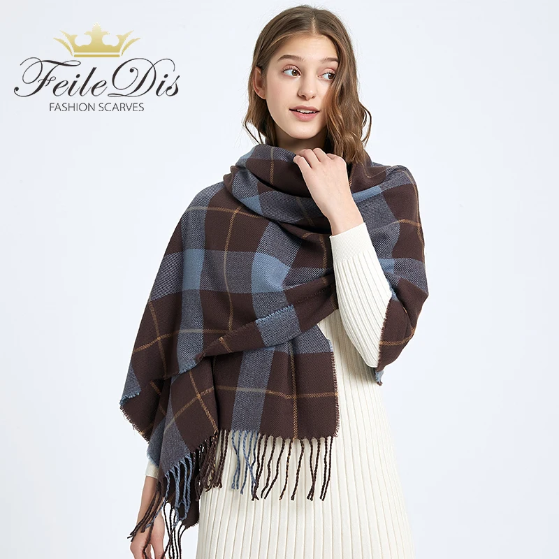 

[FEILEDIS] 2021 New Women's Winter Scarf Soft Warm Plaid Cashmere Scarves Female Shawls and Wraps Pashmina Ladies Bandana NX05