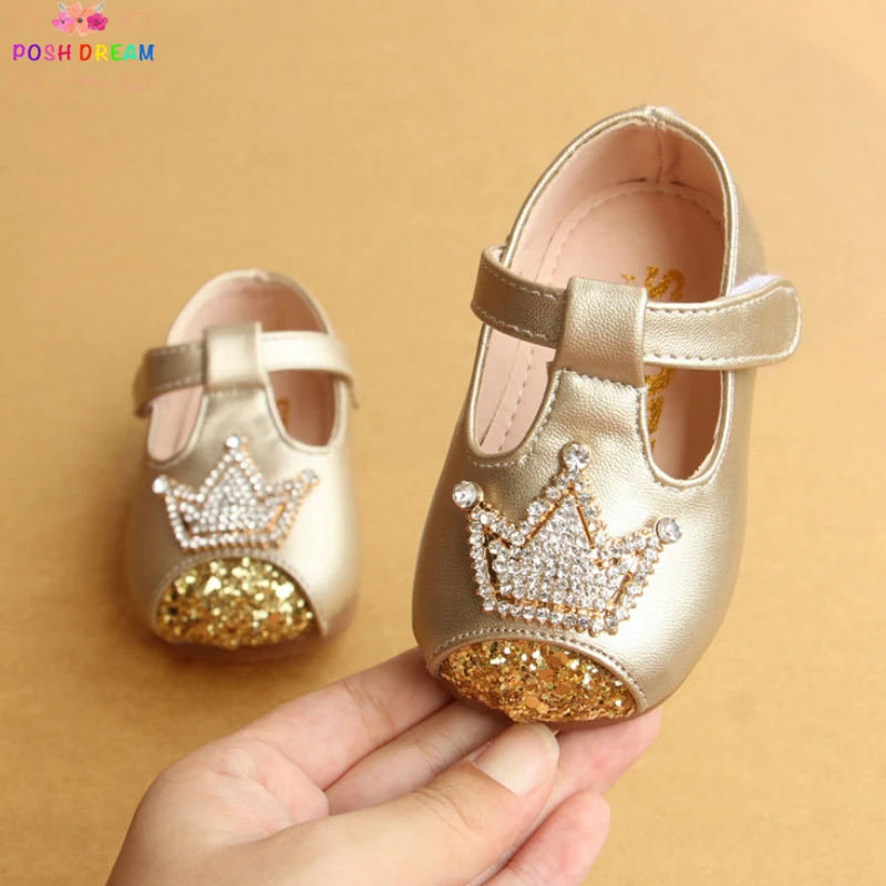 

POSH DREAM Gold Leather Toddler Baby Girls First Walker Shoes Crown Patch Pink New Baby Girls Single Princess Shoes for Baby