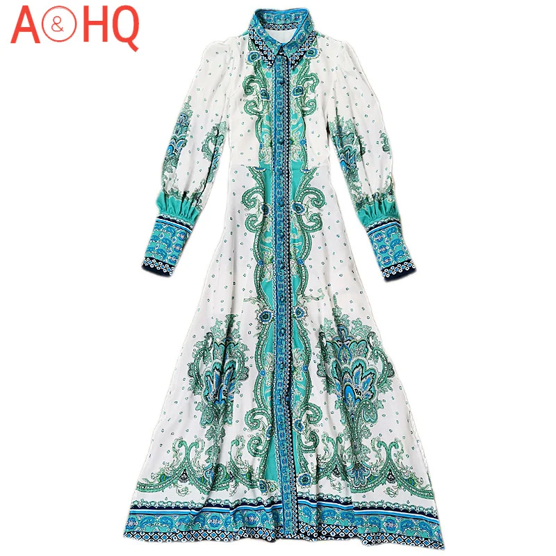 

Long Dress Designer High Quality Autumn New Women'S Fashion Party Casual Blue Print Vintage Belt Elegant Single Breasted Dresses