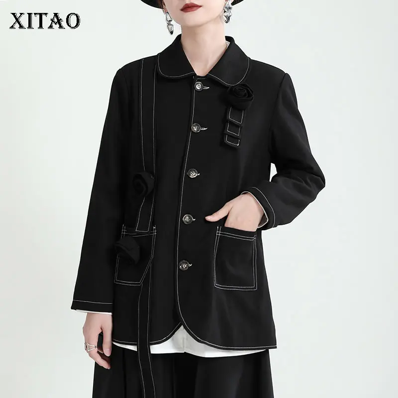 

XITAO, черный Женский блейзер, модный трехмерный цветочный комбинированный декор, Осень-зима 2021, новый трендовый женский WMD4323