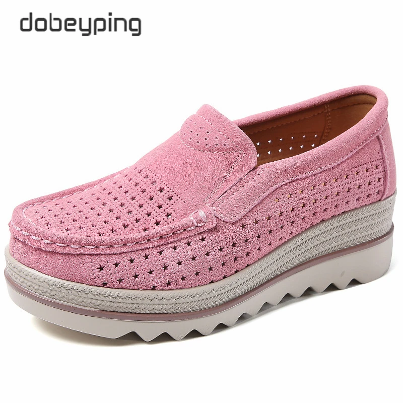 Summer Women's Shoes Breathable Hollows Flat Platform Ladies Sneakers Female Cow Suede Leather Loafers Woman Wedges Slip On Shoe