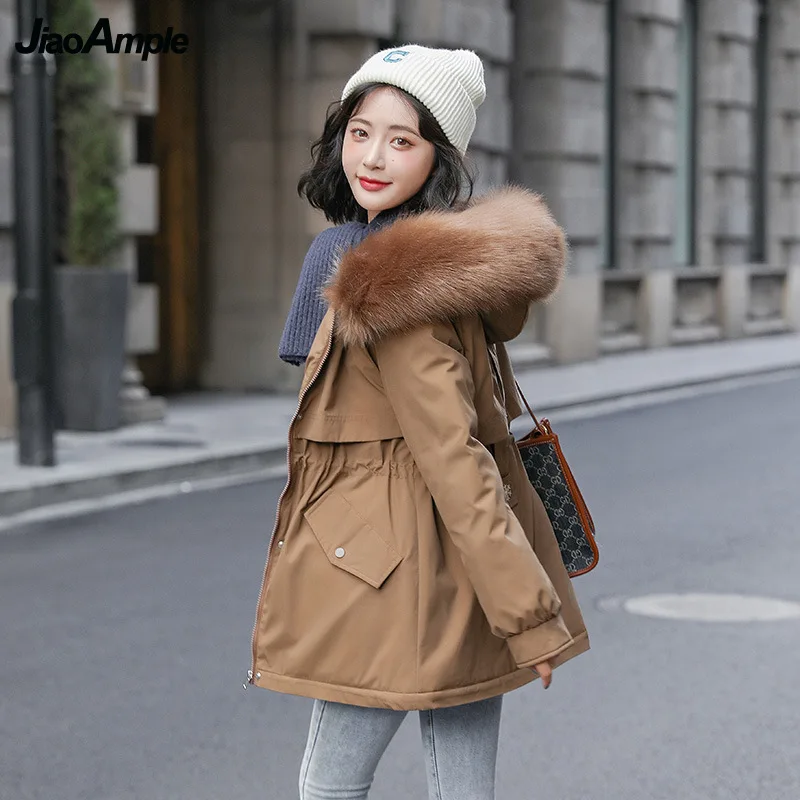 Winter Warm Fleece Thick Down Jacket Women 2021 Korean Lady Graceful Fur Collar Hooded Zipper Shirring Coats Solid Parka Outwear