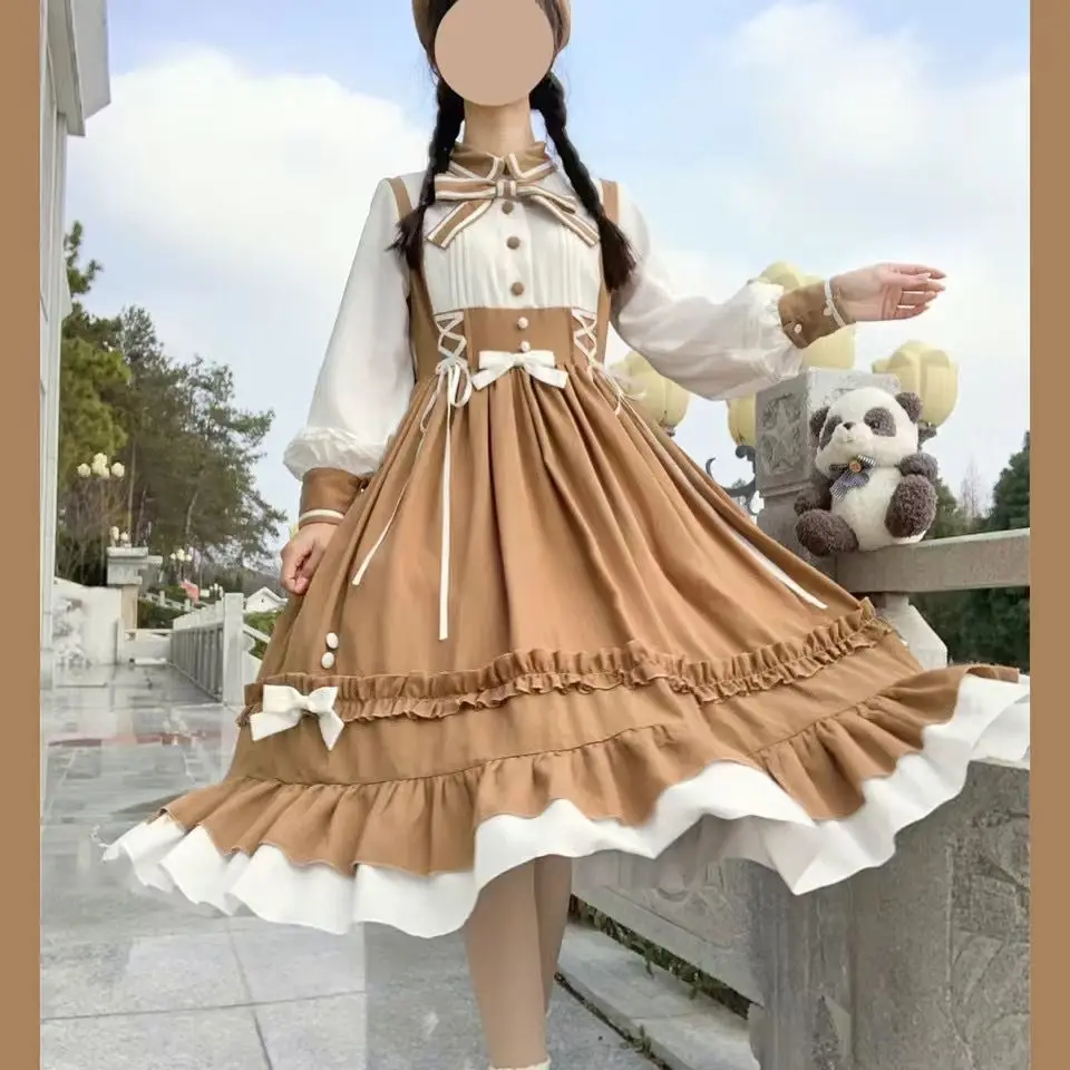 

Lolita little milk coffee vintage design kawaii OP long-sleeved solid color dress Lolita full Sleeve princess dress