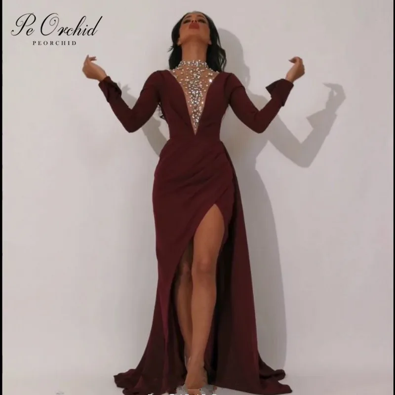 

PEORCHID High Neck Crystal Formal Evening Dress Burgundy Sexy Arab Women Occasion Dresses For Women Party Gowns 2020 New