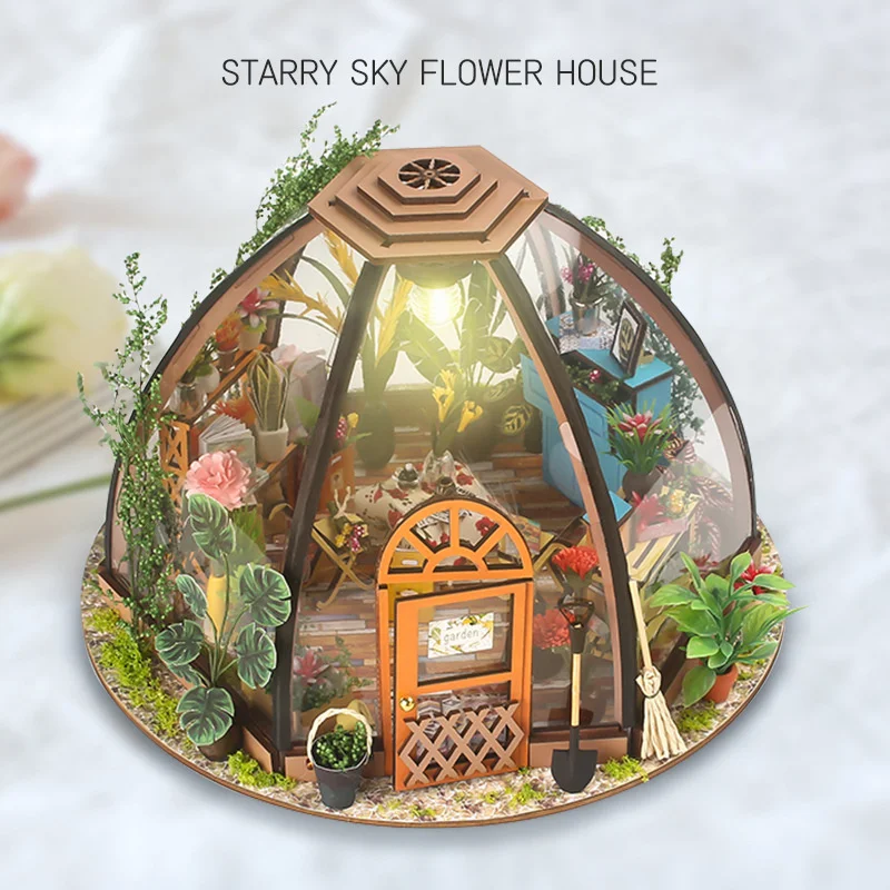 

DIY Wooden House Starry Sky Flower Room Building Model Assembly Toy LED Light Panoramic Transparent Flower Room Model Kit