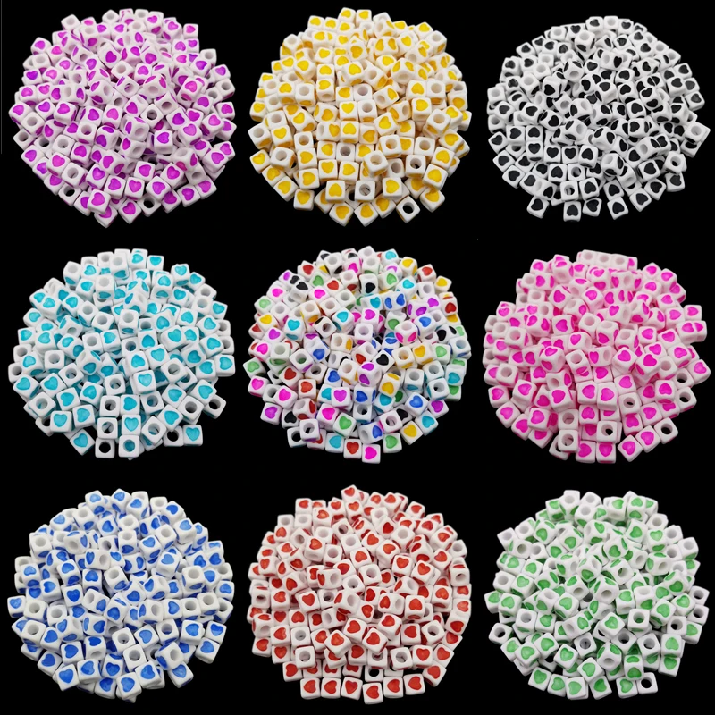 

7mm Square Beads For DIY Necklace Bracelet Making Loose Heart Printed Jewelry Accessories Craft Spacer Acrylic bead