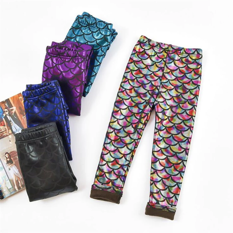 

Winter Shiny Scales Girls Leggings Autumn Kids Plus Velvet Keep Warm Trousers Baby Girls Slim Colorful Mermaid Pants Childrens