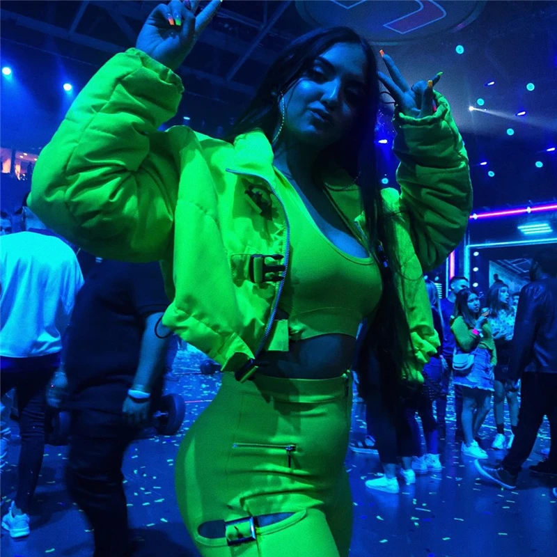 Женские модные зимние куртки короткое теплое пальто флуоресцентная зеленая