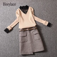 women autumn warm 2 pieces set korean lace patchwork knitted sweater and tweed mini skirts suits office ladies elegant sets