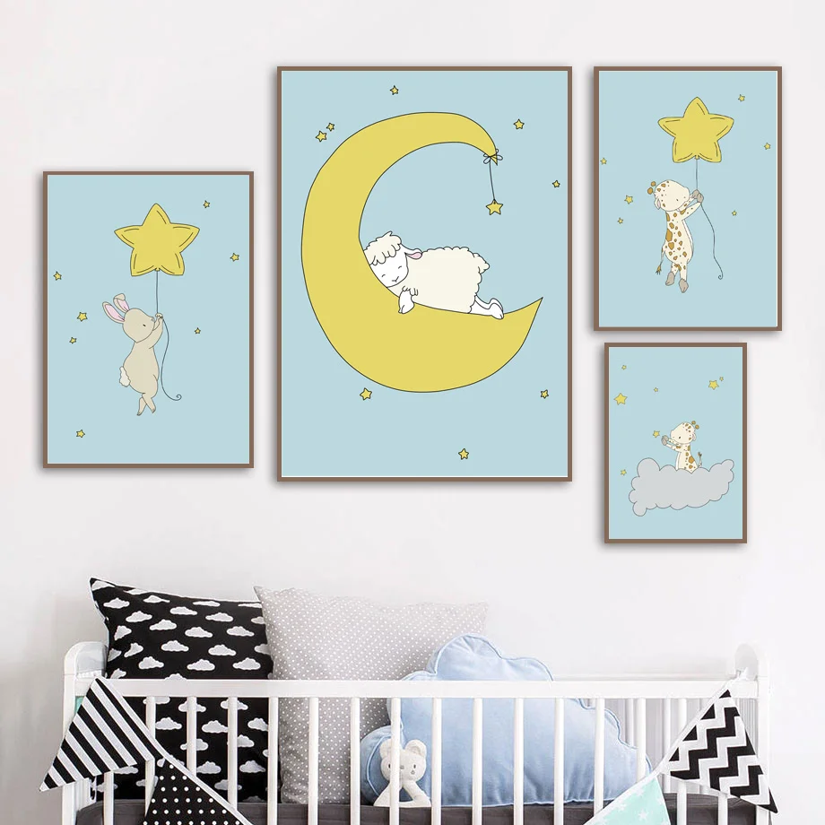 Настенная картина на холсте Печать Луна Звезда жираф кролик овечка картонные