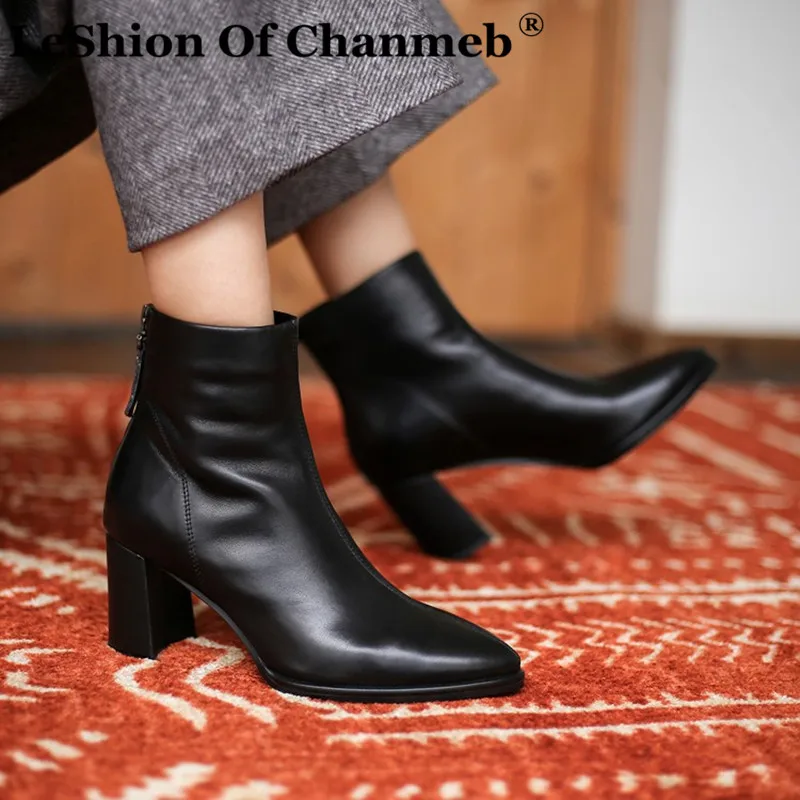 

LeShion Of Chanmeb High Quality Natural Genuine Leather Boots Women Fashion Block High Heels Suede Boot Basic Office Shoes 34-44