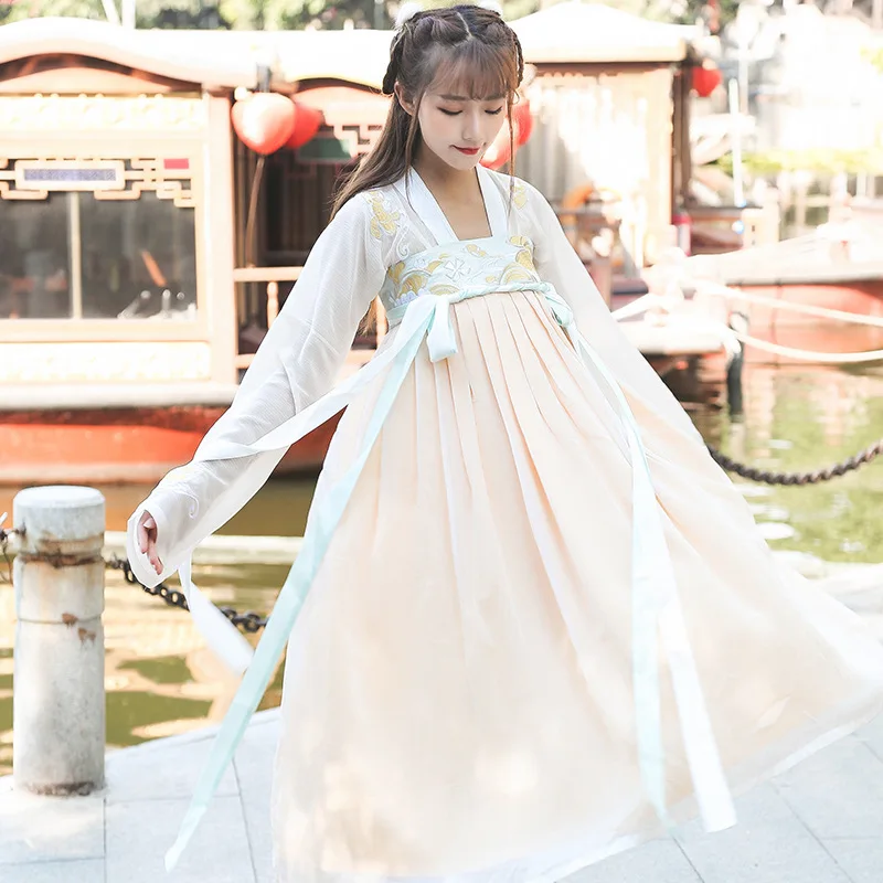 

Бесплатная доставка, Женский костюм ханьфу с вышивкой, с вышивкой на груди, с поясом на талии, юбка в национальном стиле, сказочное шифоновое...
