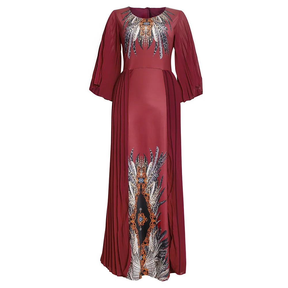 

Ramadan Eid Mubarak Print Dress Pleated Muslim Abaya Kimono Hijab Jalabiya Robe Gowns Arab African Dashiki Islamic