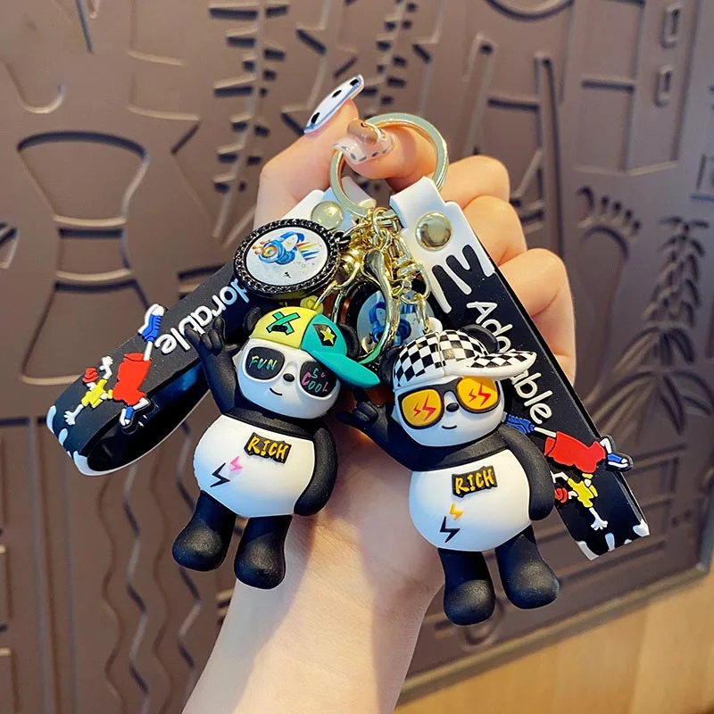

Kawaii Funny hip-hop Rock glasses panda keychain Cartoon Anime Animals doll Key Chain personality car keyring female bag pendant