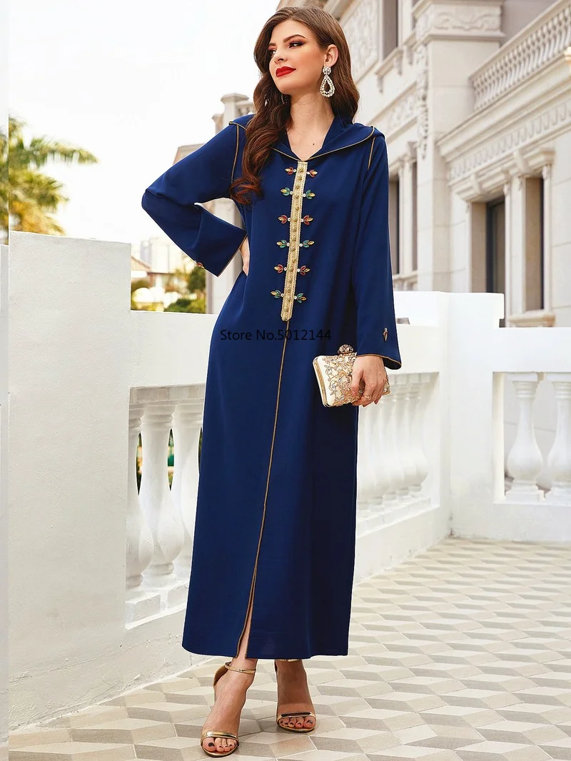 2021 Fashion Style Muslim Women Long Sleeve Navy Blue Long Abaya Woman Abaya  Muslim Fashion  Muslim Dress