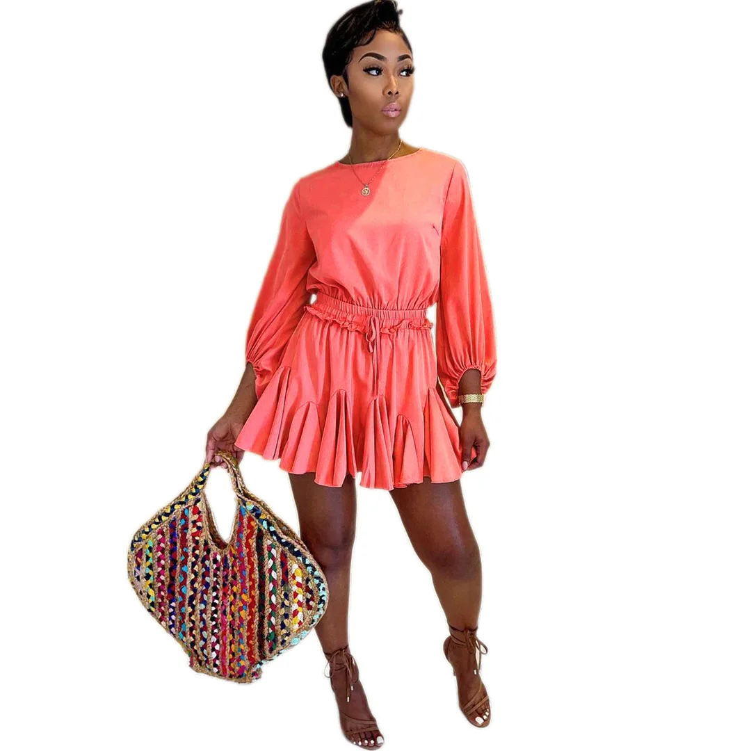 

Plus Size Dress Sweet Loose, Casual Ruffles Slender Waist Puff Sleeve A-LINE Autumn Long Sleeve Solid Short Skirt