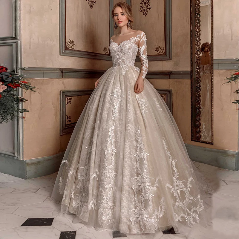 

Luxury Wedding Dress Scoop Ball Gown Lace Elegant Applique Full Sleeve Bride Dress Cathedral Train Bridal Gown Plus Size Lace Up