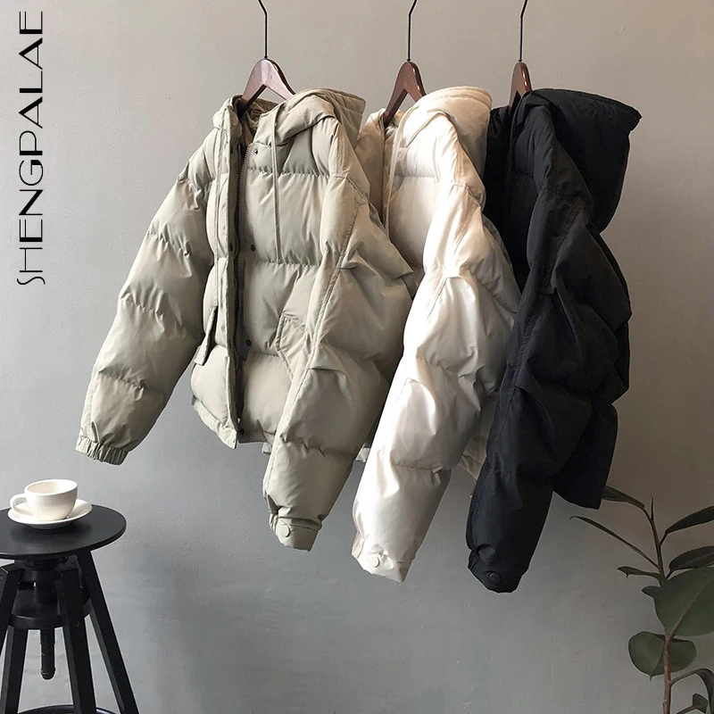 

SHENGPALAE Fashion Solid Color Cotton Padded Jacket Women's Winter 2021 New Hooded Loose Zipper Long Sleeve Coat Female Tide