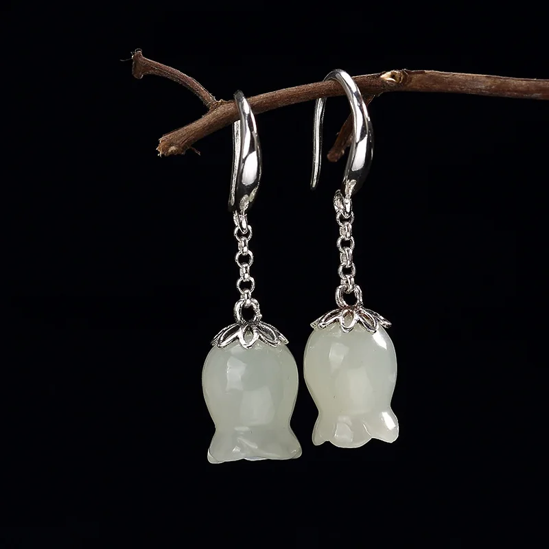 

Natural 925 sterling silver inlaid hetian white jade orchid earrings jewelry simple individuality for women earings