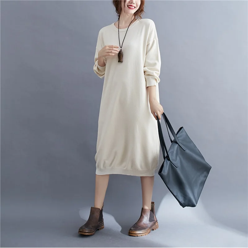 

Autumn Winter Women Casual Loose Solid Dress O Neck Black Apricot Gray Khaki Coffee Sweater Dress Elegant Warm Midi Ladies Dress