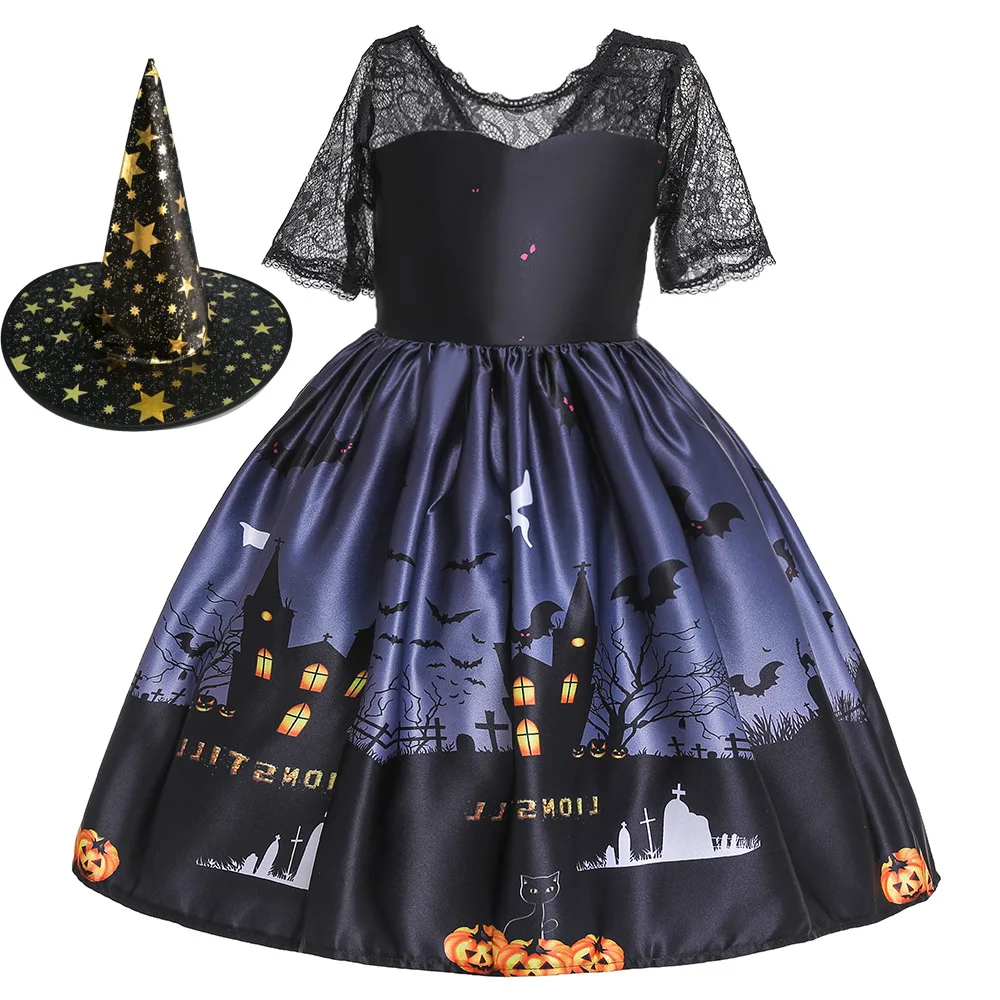 

Little Girls Dresses Halloween Party Costume for Girls Pumpkin pattern Witch Cosplay Princess Christmas Kids Children Clothing