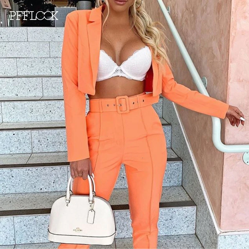 PFFLOOK неоновый зеленый комплект из двух предметов костюм с длинным рукавом укороченный топ Повседневный Женский комплект 2 шт. Топ и штаны Женский комплект из двух предметов
