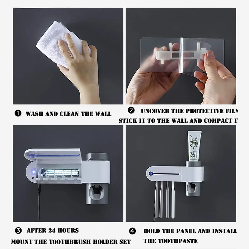 

UV Tooth Brush Holder Sterilizer Automatic Toothpaste Squeezers Dispenser with 5 Toothbrush Holder Wall Mounted Bathroom Rack